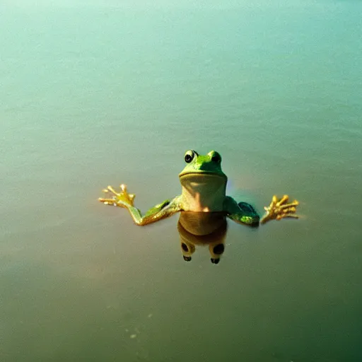 Image similar to semi translucent smiling frog amphibian floating over misty lake in Jesus Christ pose, cinematic shot by Andrei Tarkovsky, paranormal, spiritual, mystical