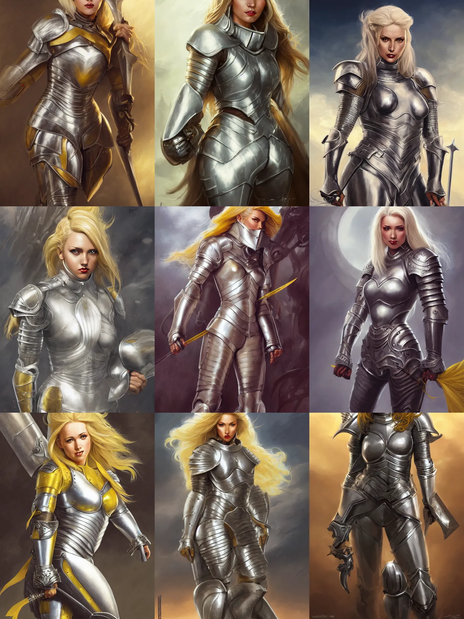 Prompt: pinup picture of a female knight, skintight silver armor, long yellow hair, brown eyes, white skin, fantasy, highly detailed, realistic, illustration, artgerm, joshua middleton, greg rutkowski