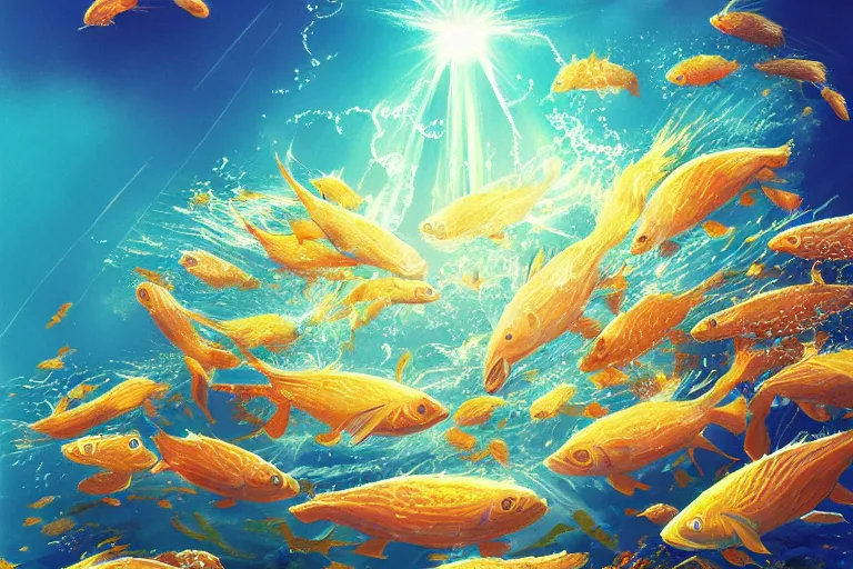 Image similar to portrait of goldfishes swarming the ocean. shadow and light. rays of light. energetic, dynamic, lively, detailed, intricate, complex. fine art by hayao miyazaki, akita toriyama, and makoto shinkai.