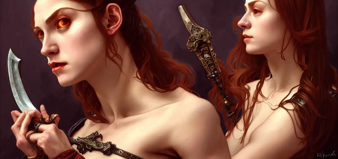 Image similar to renaissance upper body portrait of a female vampire with a sword, lean and toned, cute face, D&D, intricate, elegant, highly detailed, digital painting, artstation, concept art, matte, sharp focus, illustration, art by da Vinci, Artgerm and Greg Rutkowski and Alphonse Mucha