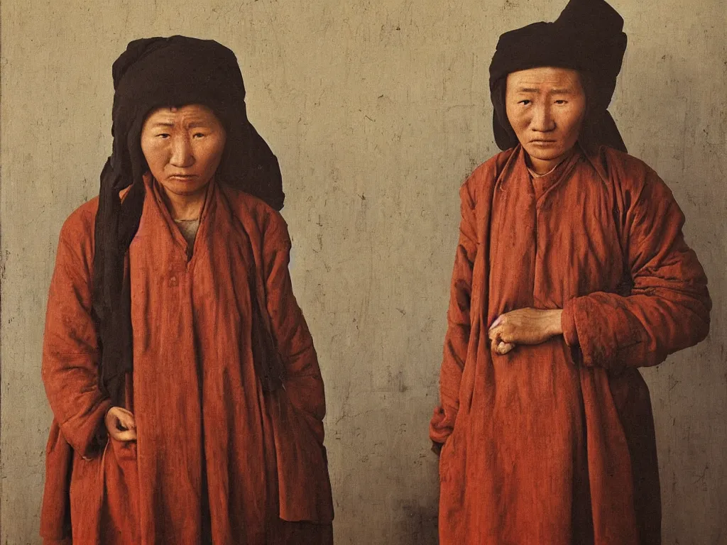 Image similar to portrait of a sad Mongolian street woman. Painting by Jan van Eyck, August Sander.