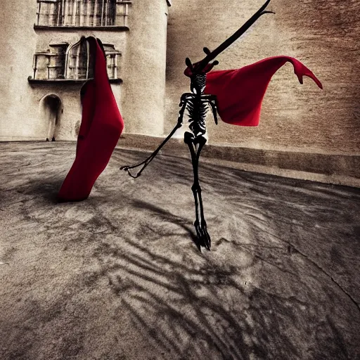 Image similar to monumental, weary 3 d render by nathan wirth. a beautiful street art of a horned, red - eyed, skeleton - like creature, with a long black cape, & a staff with a snake wrapped around it, standing in front of a castle atop a cliff.