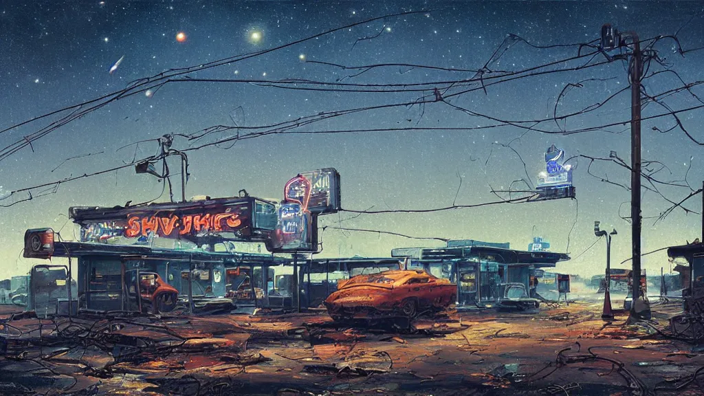 Prompt: A 1960s robot! on couch in front of a rusted! gas station. The stars! of the Milky Way shine above a broken neon sign, ground is cracked with vines fantasy concept art by Greg Rutkowski