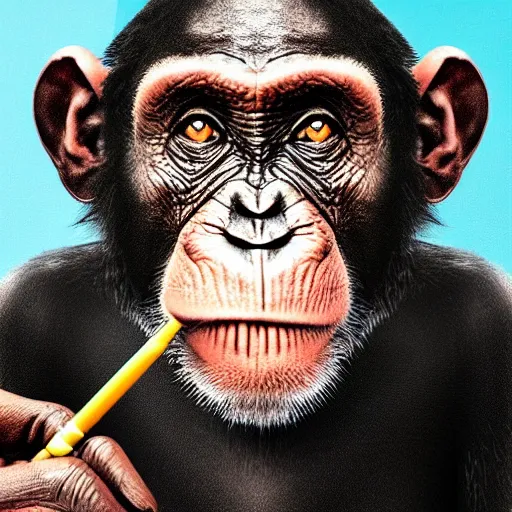 Image similar to a high detail portrait of a chimp wearing a suit 👔,and smoking🚬