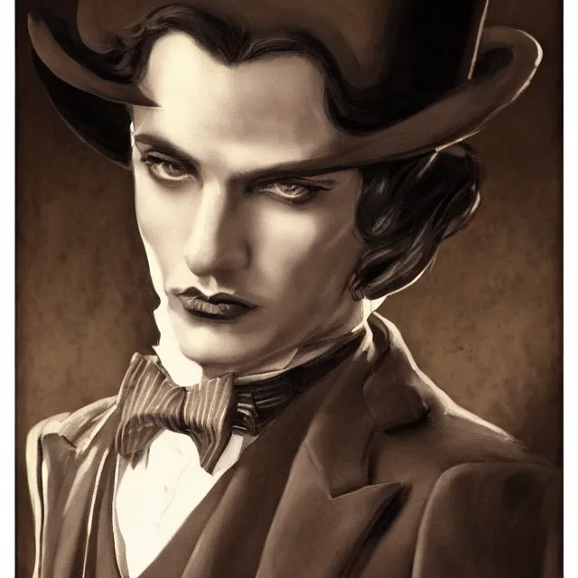 Image similar to photorealistic sepia portrait of a 1 9 2 0 s era male magician, well dressed, long - tailed tuxedo coat, in the style of kai carpenter, atmospheric lighting, dark, brooding, painted, intricate, ultra detailed, well composed, best on artstation, cgsociety, epic, stunning, gorgeous, intricate detail, much wow, masterpiece