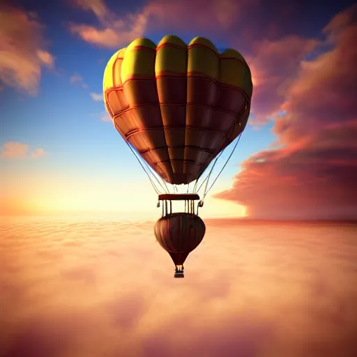 Prompt: steampunk hot air balloon, skimming on top of clouds, intricate, sunset, beautiful composition. 3 d render