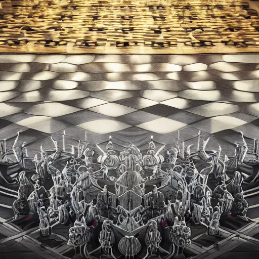 Image similar to A beautiful 3D painting of a sprawling intricate chess board populated by elegant chess pieces by maxfield parrish and Andreas Rocha and nicola samori and arthur rackham, volumetric lighting, dynamic lighting, dramatic lighting, high contrast, concept art, marble, religious, magic realism, catholicpunk, stark, trending on artstation:3, kintsugi, opalescent, obsidian, octane render, diorama, royalty:1, oversaturated, dof, depth of field, blurry:-1