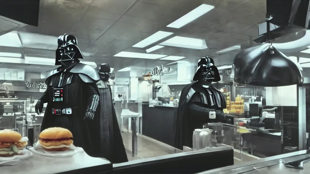 Image similar to Darth Vader!! working at a Mcdonalds!! Drive through, film still from the movie directed by Denis Villeneuve with art direction by Salvador Dalí, wide lens