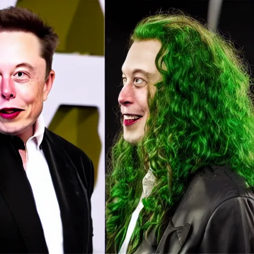 Image similar to elon musk as joker, long green curly hair, 8 k, highly detailed face