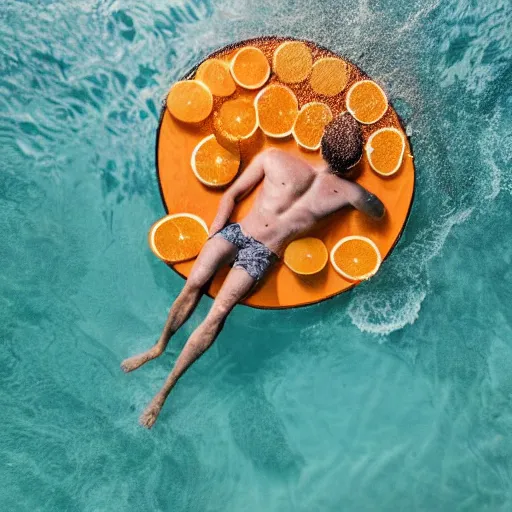 Image similar to a bird eye shot of the most beautiful young athletic slim male ever created sleeping in a chamber full of water, with oranges floating in the water, photographed by andrew thomas huang