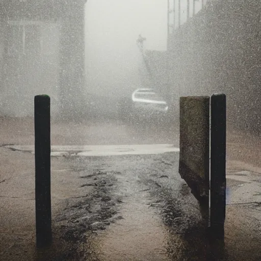 Image similar to a secret entrance amidst a gloomy town,rainy