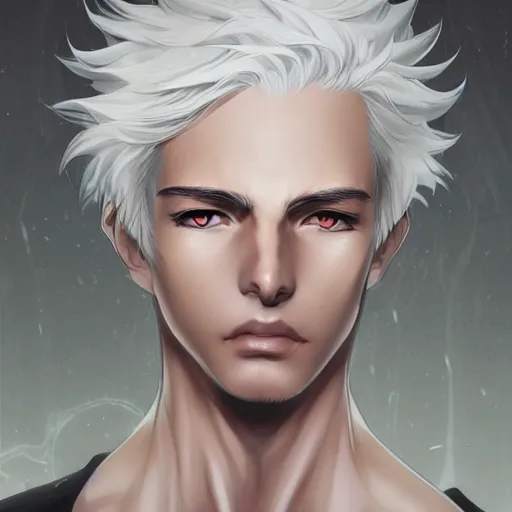 Image similar to Semi realistic anime illustration of white haired parted down the middle short hair man, with beautiful hyperdetailed black sclera eyes, full face portrait made by Stanley Artgerm, WLOP, Rossdraws, James Jean Andrei Riabovitchev, Marc Simonetti, Yoshitaka Amano, Artstation