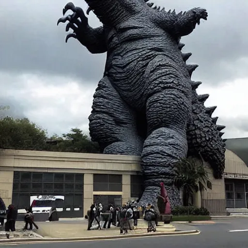 Image similar to A building is being hugged by Godzilla. Godzilla loves the building. The building is less sure about the relationship