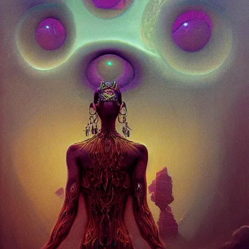 Prompt: psychedelic concept art illustration of a freaky goddess with a dark moon in the far distance, trending on artstation, by zdzisław beksiński, 3d render, octane render, intricately detailed artwork, full 8k high quality resolution, recently just found unknown masterpiece