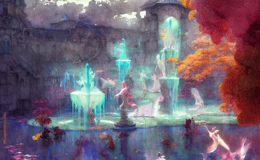 Image similar to magical fountain, fantasy. intricate, amazing composition, colorful watercolor, by ruan jia, by maxfield parrish, by marc simonetti, by hikari shimoda, by robert hubert, by zhang kechun, illustration, gloomy