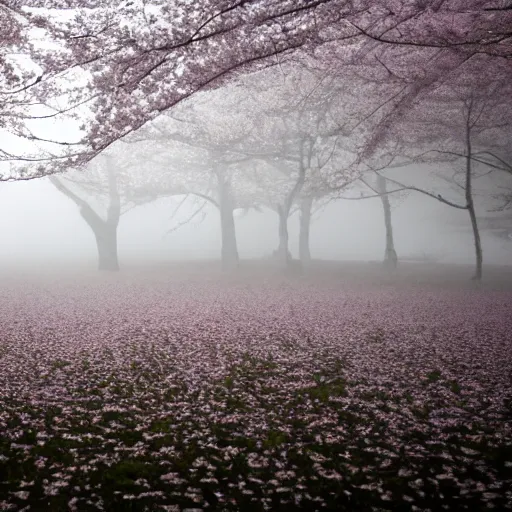 Image similar to photograph of a white concrete cube sitting in the middle of a cherry blossom forest clearing, foggy, liminal