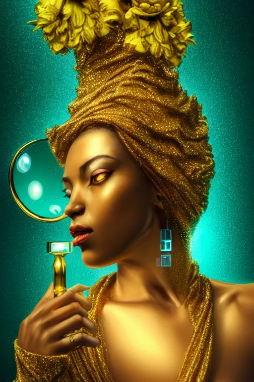 Prompt: hyperrealistic neo - rococo cinematic super expressive! oshun goddess with gold eyes, droplet armor, looking at herself in a liquid mirror, gold flowers, highly detailed digital art masterpiece, smooth etienne sandorfi eric zener dramatic pearlescent soft teal light, ground angle uhd 8 k, sharp focus