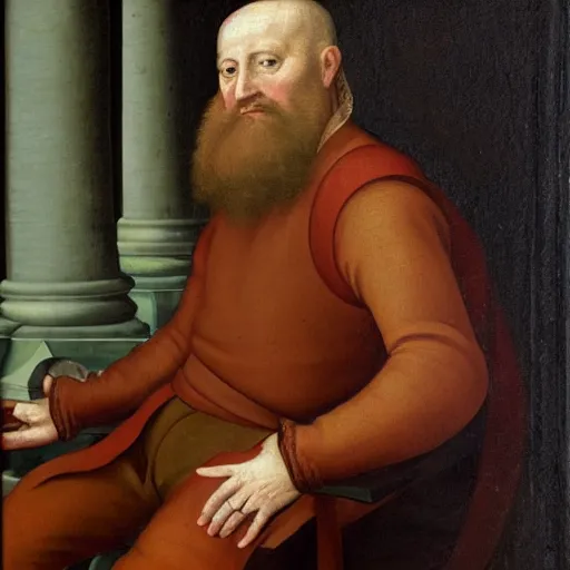 Prompt: A renaissance oil painting of a man sitting on a chair