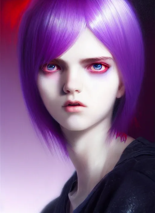 Image similar to hair whitebangs hair, white hair, whitebangsblackhair, portrait of teenage girl with white bangs, red irises, purple clothes, intricate, elegant, glowing lights, highly detailed, digital painting, artstation, concept art, sharp focus, illustration, art by wlop, mars ravelo and greg rutkowski