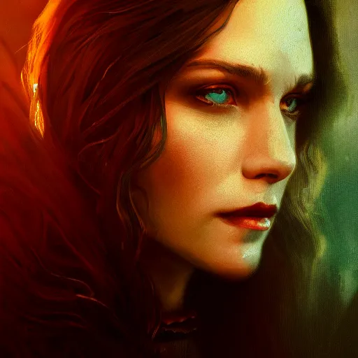 Image similar to majestic gracious regal female brunette vampire portrait, atmospheric lighting, painted, menacing, intricate, volumetric lighting, beautiful, rich deep colours masterpiece, golden hour, sharp focus, ultra detailed, by leesha hannigan, ross tran, thierry doizon, kai carpenter, ignacio fernandez rios