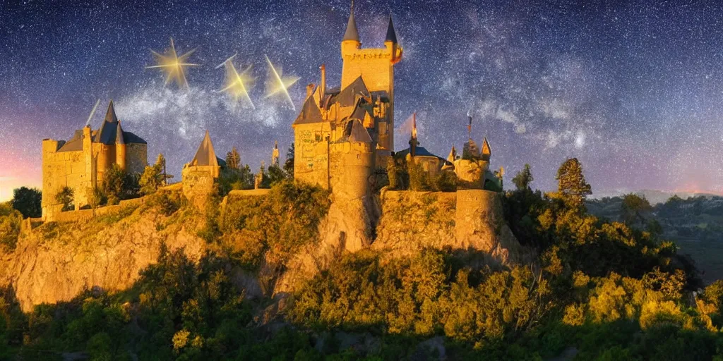 Image similar to A sunlit castle of dreams surrounded by rolling hills under a night sky filled with shooting stars