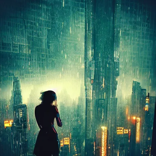 Image similar to “ girl standing on a roof looking down at a futuristic new york city below, ghostpunk, blade runner, cyberpunk, art nouveau, storm clouds, rain, very detailed, by gil evgren ”