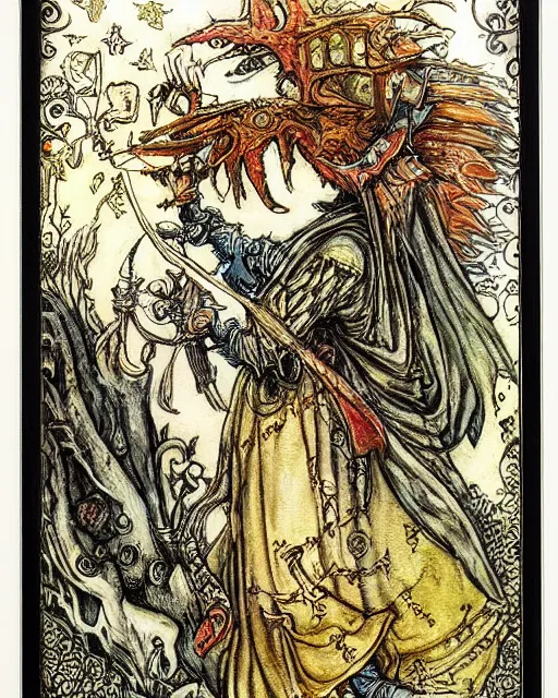 Image similar to tarot card, very detailed painting, illustration, colorful, tarot card ornate frame with roman numerals, in style of Arthur Rackham