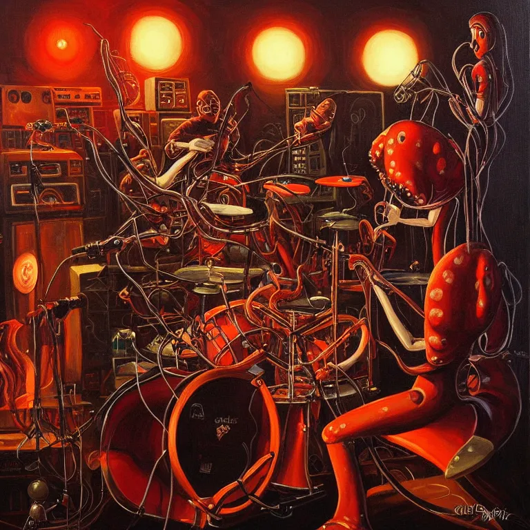 Prompt: a beautiful painting by gerald brom of a couple of octopus robots playing drums and telecaster guitar in an electronic concert, concert light, dark mood, warm lights