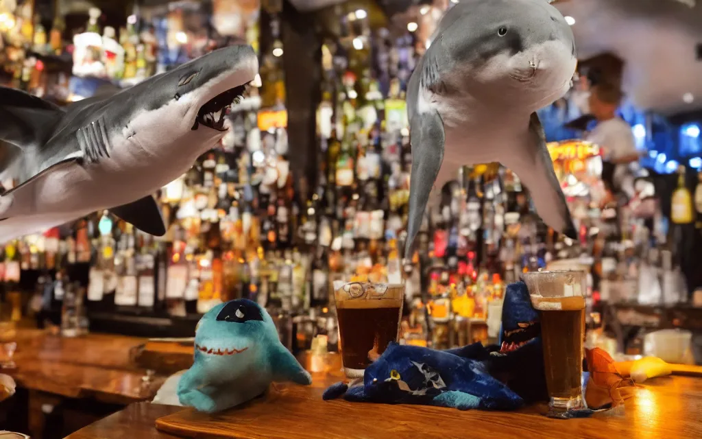 Image similar to Shark plush ordering a beer at a bar, stuffed toy, fish, dim lighting, 50mm, depth of field,