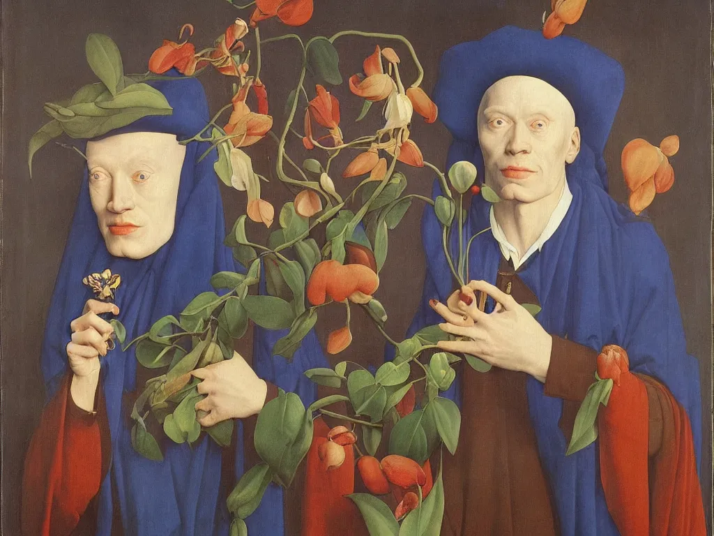 Image similar to portrait of albino mystic with blue eyes, with beautiful exotic orchid. Painting by Jan van Eyck, Audubon, Rene Magritte, Agnes Pelton, Max Ernst, Walton Ford