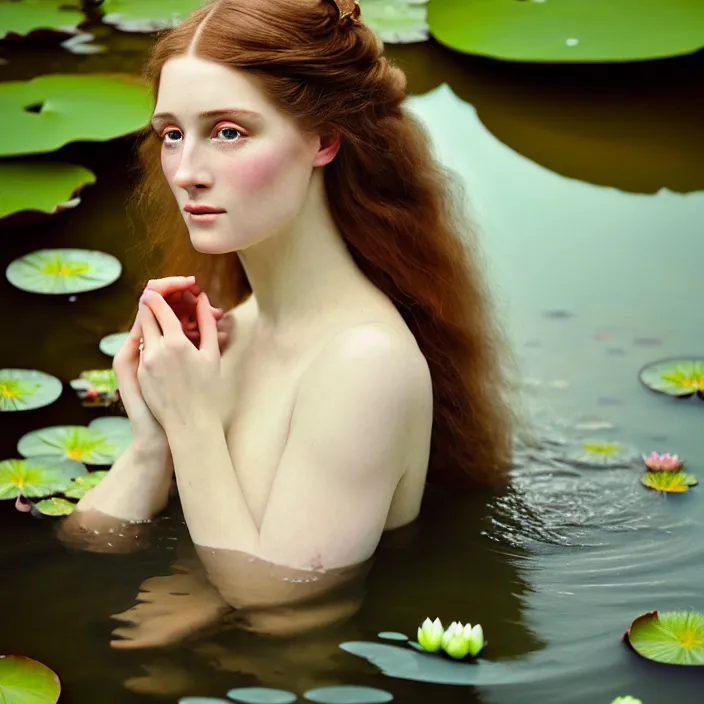 Image similar to Kodak Portra 400, 8K, soft light, volumetric lighting, highly detailed, britt marling style 3/4 ,portrait photo of a beautiful woman how pre-Raphaelites painter, the face emerges from the water of a pond with water lilies, julie dillon, a beautiful lace dress and hair are intricate with highly detailed realistic beautiful flowers , Realistic, Refined, Highly Detailed, natural outdoor soft pastel lighting colors scheme, outdoor fine art photography, Hyper realistic, photo realistic