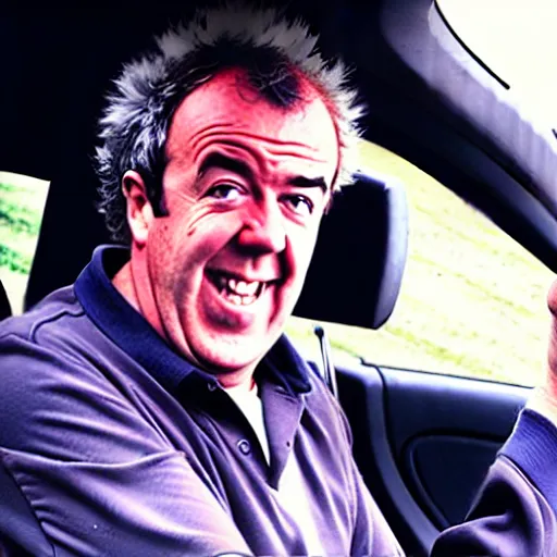 Prompt: Jeremy Clarkson driving and pressing car honk. Angry Jeremy Clarkson driving, honking. Jeremy Clarkson pressing honk while driving.