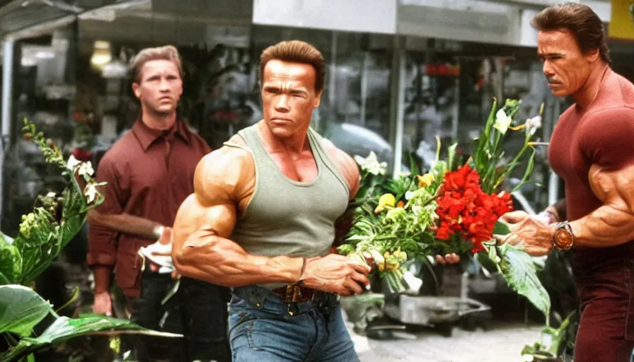 Prompt: big budget action movie where arnold schwarzenegger is a florist.