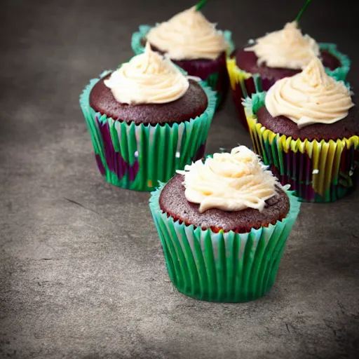 Prompt: cupcake inspired by a tank, closeup, professional food photography