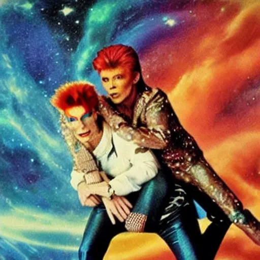 Prompt: david bowie giving a piggy back ride to ziggy stardust. glam rock. cosmic. psychedelic. milky way. pixar. thomas kinkade.