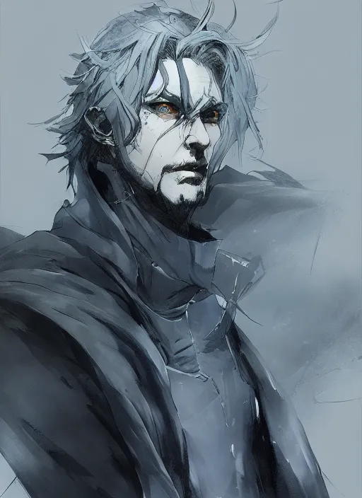 Prompt: portrait of a human fog archmage wearing a gray robe, blue eyes, handsome. in style of yoji shinkawa and hyung - tae kim, trending on artstation, dark fantasy, great composition, concept art, highly detailed, dynamic pose, vibrant colours.