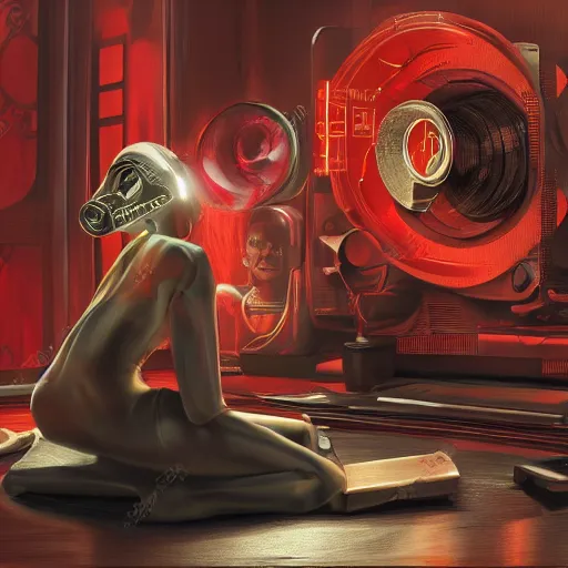 Prompt: cyborg in red room sitting Infront gramophone, concept art high quality image, denoise