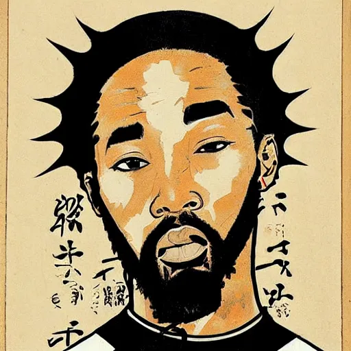 Prompt: RZA rapping, portrait, style of ancient text, hokusai