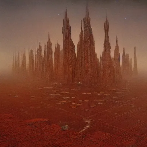 Image similar to alien city by zdzislaw beksinski, hd,