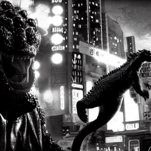 Image similar to noir movie scene, closeup shot, godzilla, a crowded bar, kissing, a laughing clown