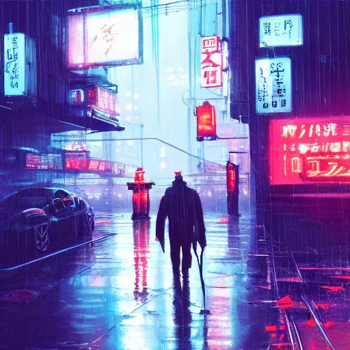 Prompt: high detailed cyberpunk rainy city at night with a torii in the background by Syd Mead, high quality, 4K, UHD, trending on ArtStation, blade runner vibes, ghost in the shell