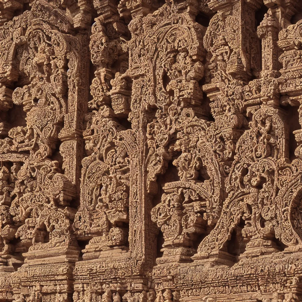 Prompt: colorful carvings Ellora Ajanta Khajuraho style ,sculpted details , vibrant wall murals , detailed architecture, with intricate carvings, Mandelbrot fractal, symmetric, elegant, highly detailed, ornate, ornament, sculpture, luxury, beautifully lit, ray trace, highly detailed octane render, 8K HD , trending in art station