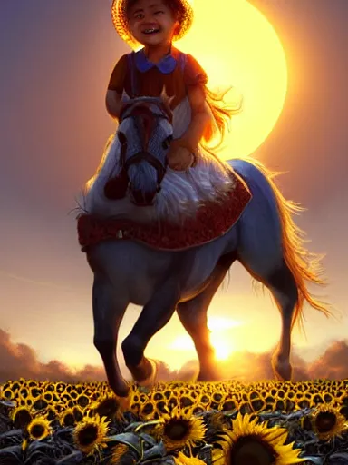 Prompt: a small happy todler, riding a horse in a sunflower field, a giant sun in the background. intricate, elegant, highly detailed, digital painting, artstation, concept art, sharp focus, illustration, by justin gerard and artgerm, 8 k