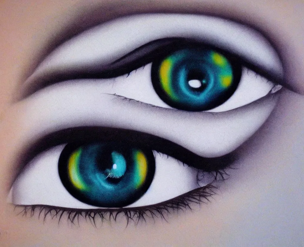 Image similar to beautiful matte airbrush of a glossy big eye iris pupil on a white background, inspired by 8 0's airbrush illustrations, art by pater sato