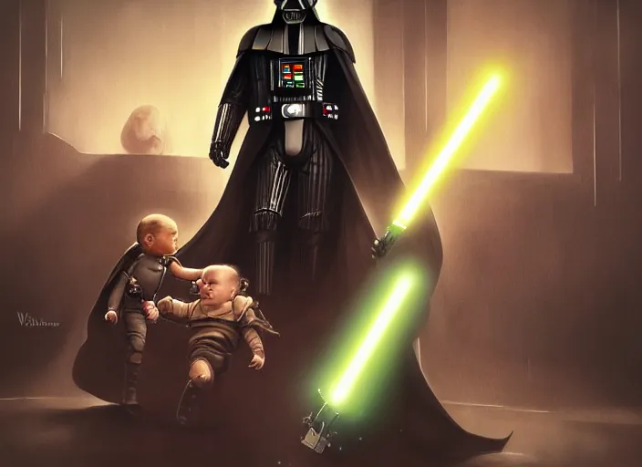 Prompt: a dramatic highly detailed render of darth vader with lightsaber drawn facing off against a cute baby, futuristic star wars vibe, by WLOP and Artgerm and Greg Rutkowski and Alphonse Mucha, Beautiful dynamic dramatic dark moody lighting, shadows, cinematic atmosphere, Artstation, concept design art, Octane render, 8K, masterpiece, sharp focus, hyperrealistic