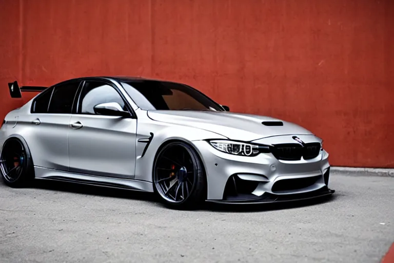 Prompt: Widebody black f80 m3 with hood-exit exhaust