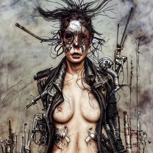 Image similar to mad max the road warrior by brendan mccarthywires cybernetic implants, steelpunk, abandoned steelworks, grime and grunge, in the style of adrian ghenie, esao andrews, jenny saville,, surrealism, dark art by james jean, takato yamamoto