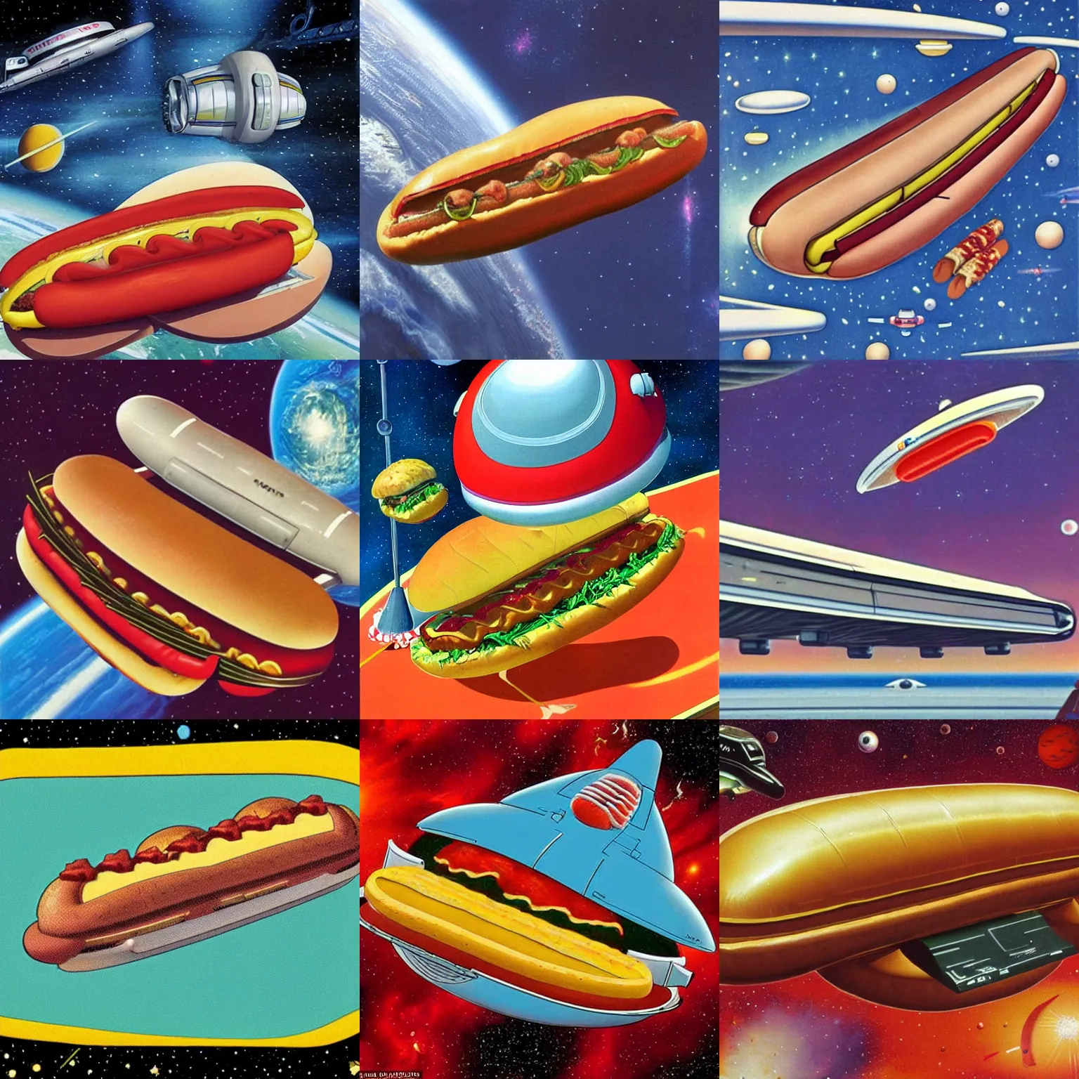 Prompt: starship in a shape of an hotdog docked at a space station in a shape of a burger, highly detailed 1 9 7 0 s scifi art