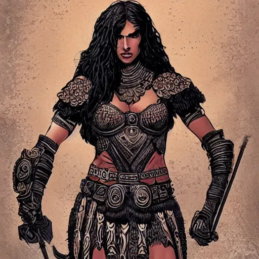 Image similar to greek amazon warrior, a tall beautiful woman with bronzed skin and long raven hair, dressed in leather and hellenistic armour, intricate, elegant, highly detailed, smooth, sharp focus, detailed face, high contrast, graphic novel, art by laurie greasley,