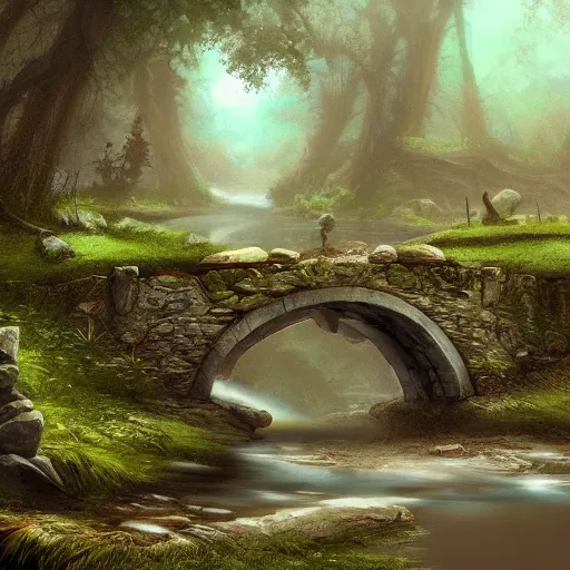 Prompt: stone bridge, river, forest, mysterious, fantasy, concept art, artstation